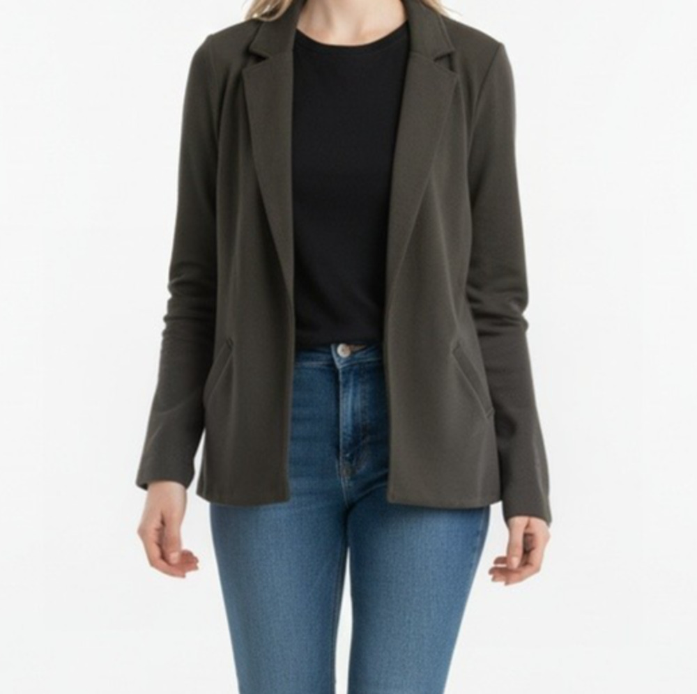 Matty M Women's Knit Boyfriend Blazer Pebble Gray Size M Open Front Pockets